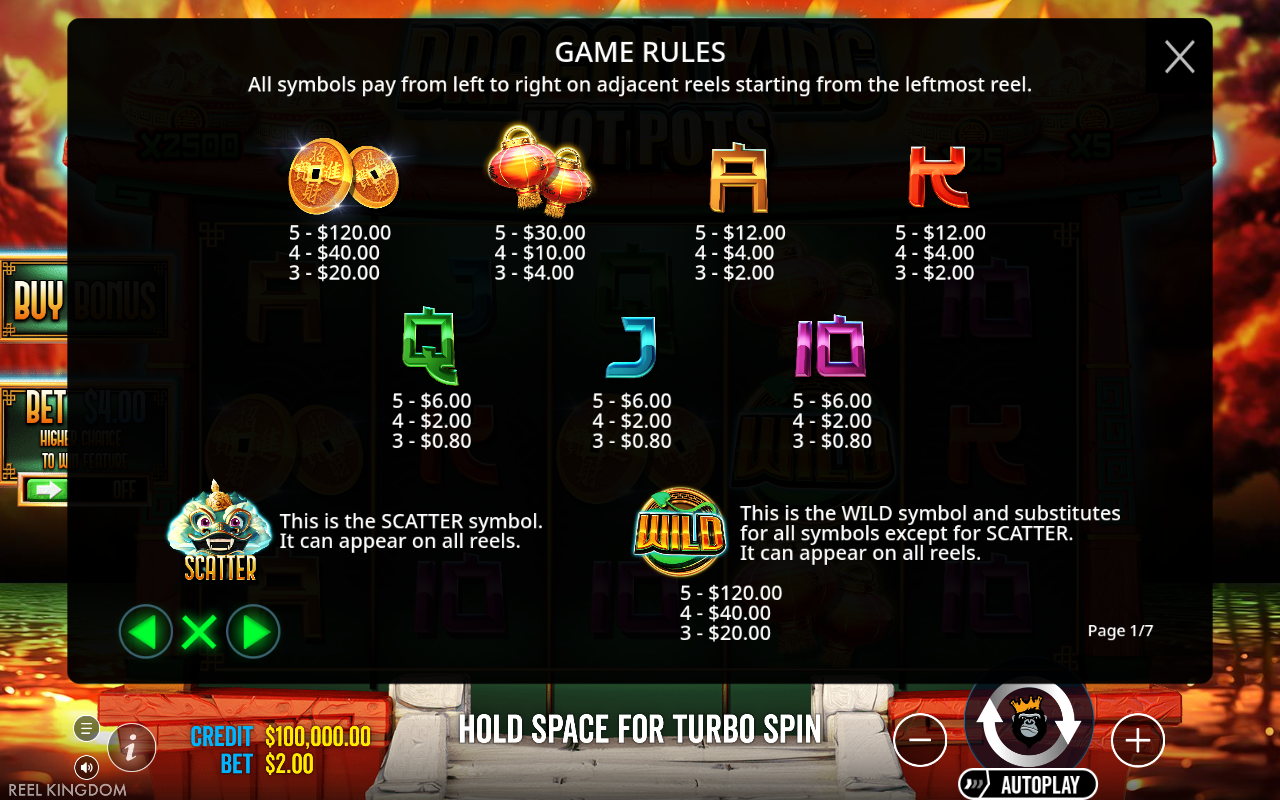 Dragon King Hot Pots wild and scatter rules