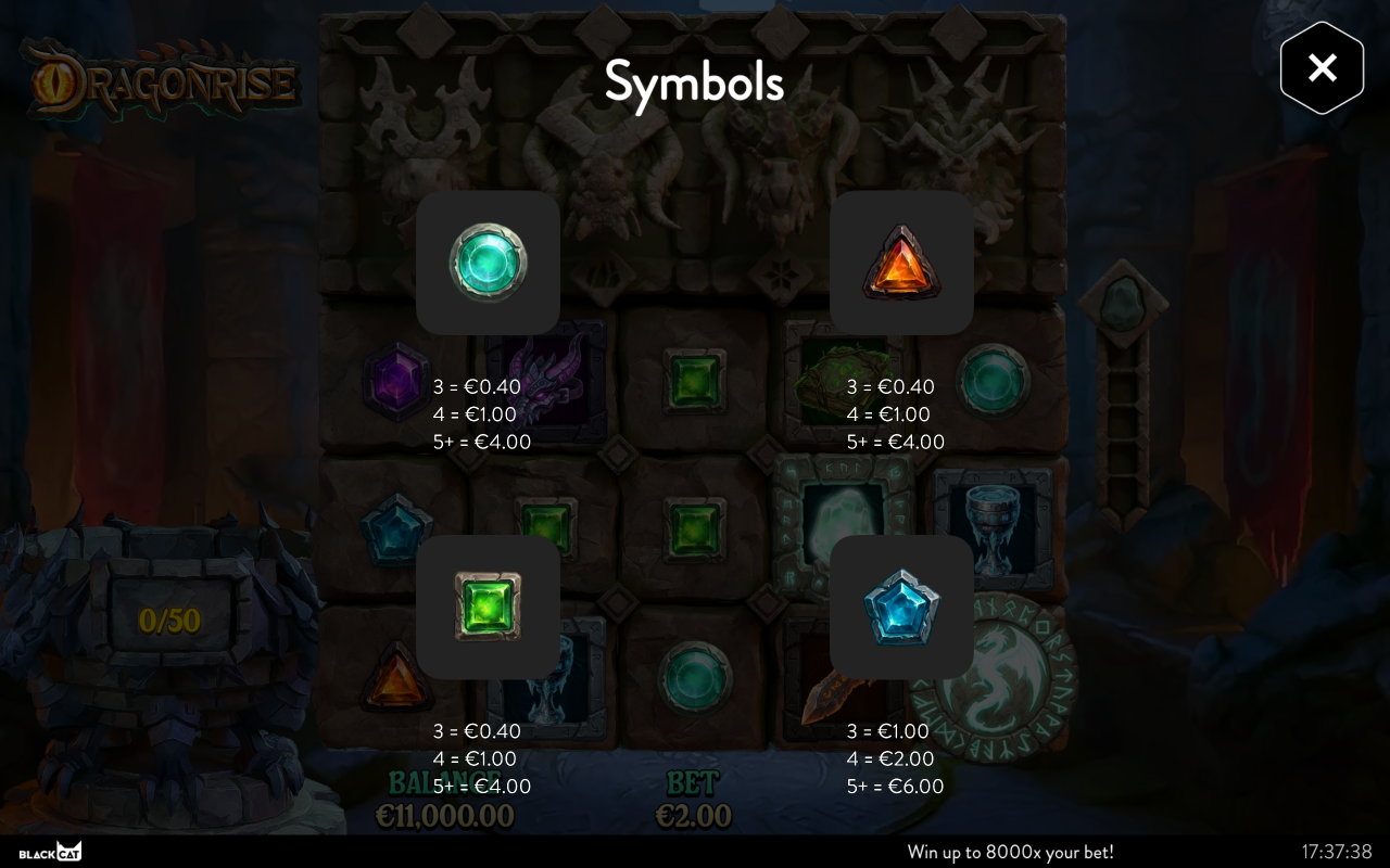 Dragonrise paytable screen