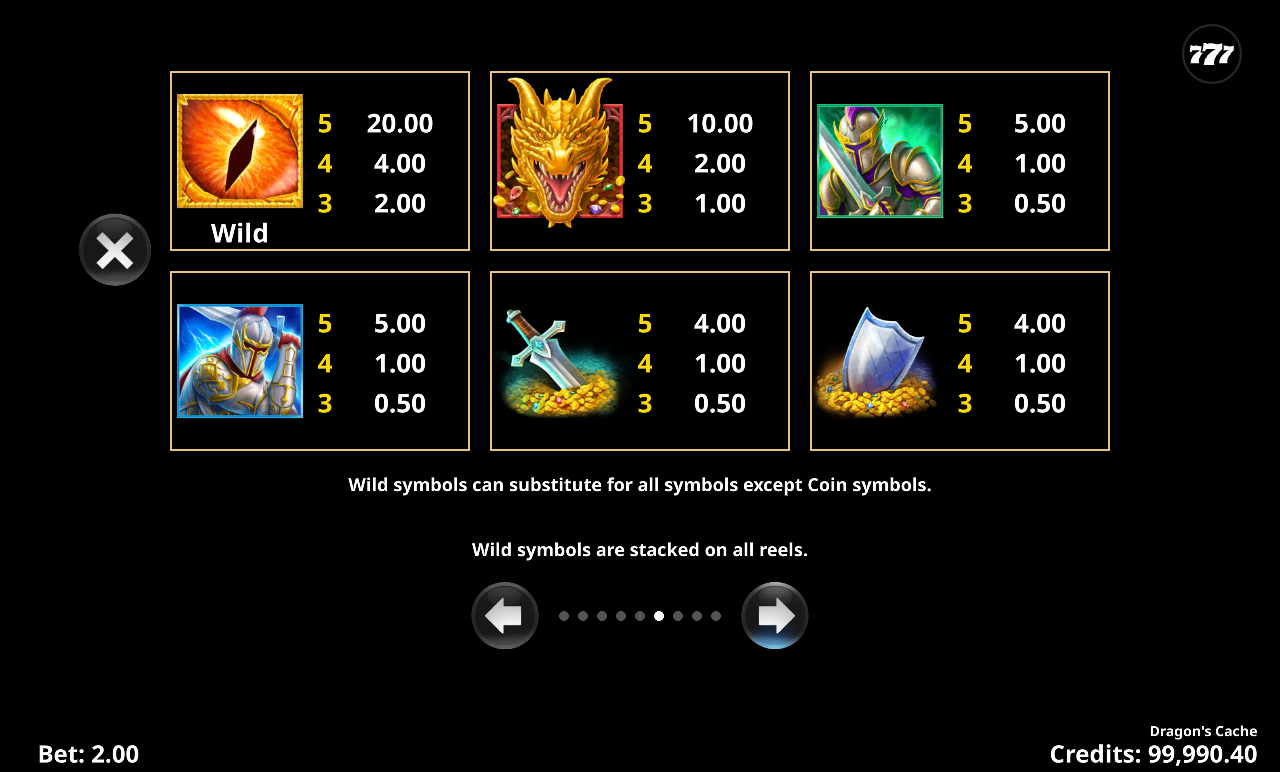 Dragon's Cache paylines and rules screen