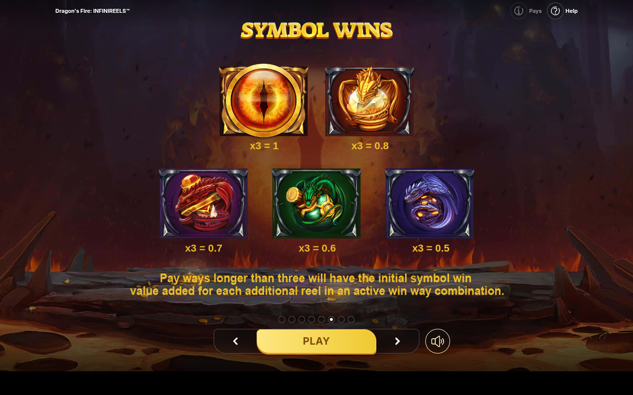 Dragon's Fire Infinireels information screen