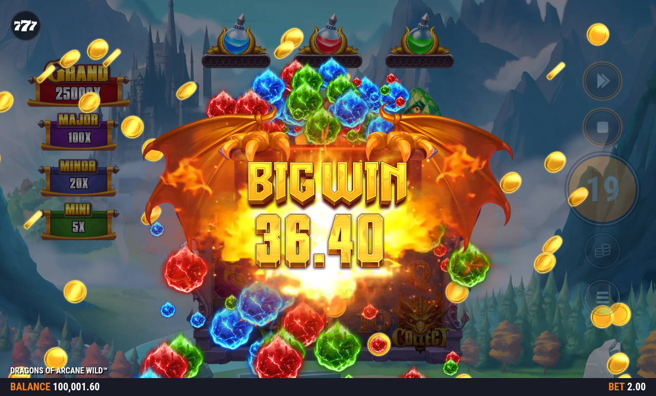 Dragons of Arcane Wild gameplay showing a big win banner over the reels