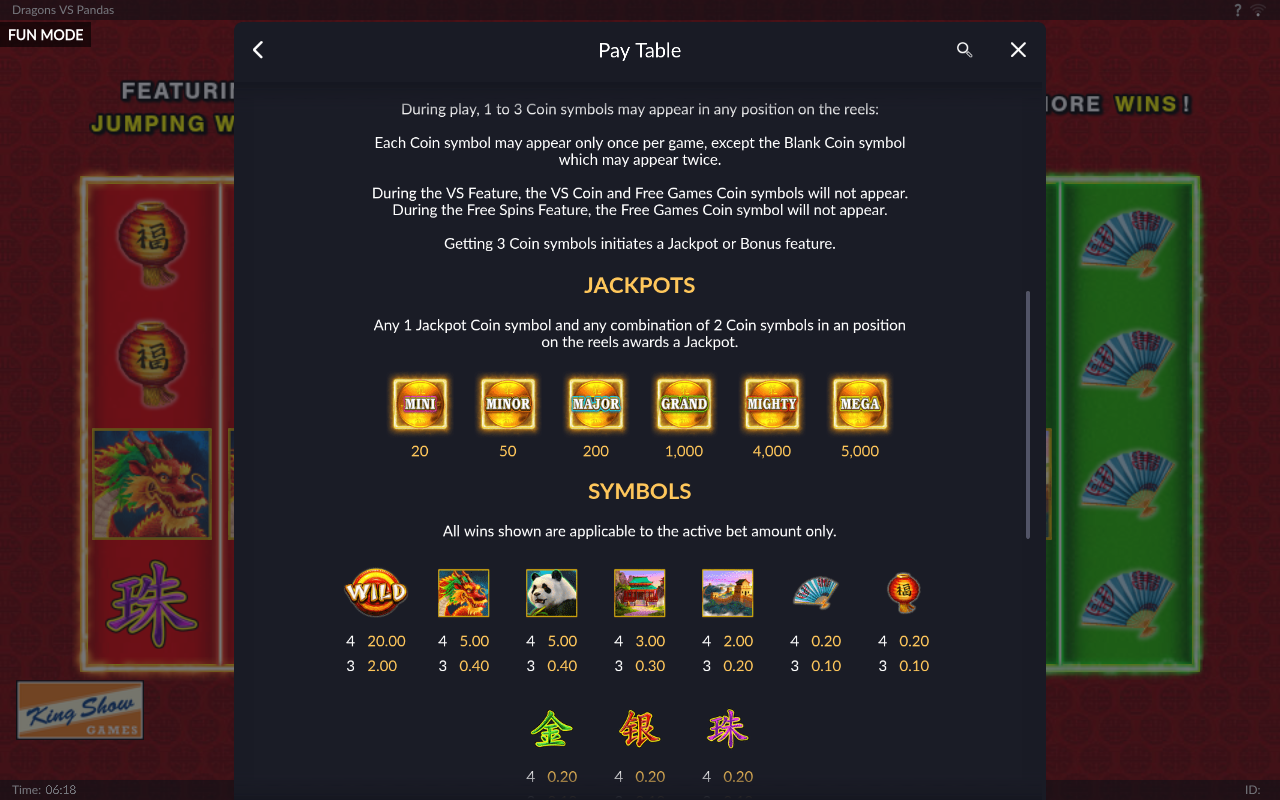 Dragons Vs Pandas information screen
