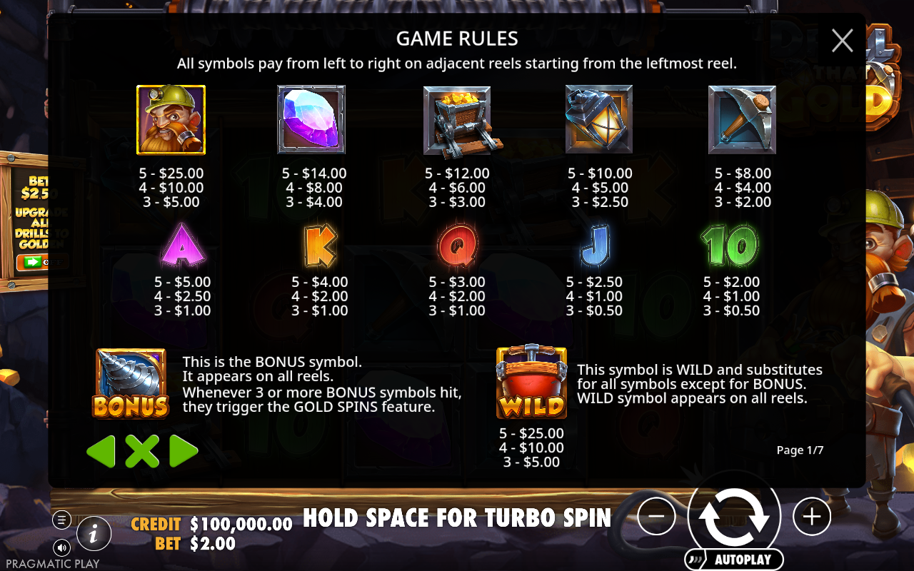 Drill That Gold information screen