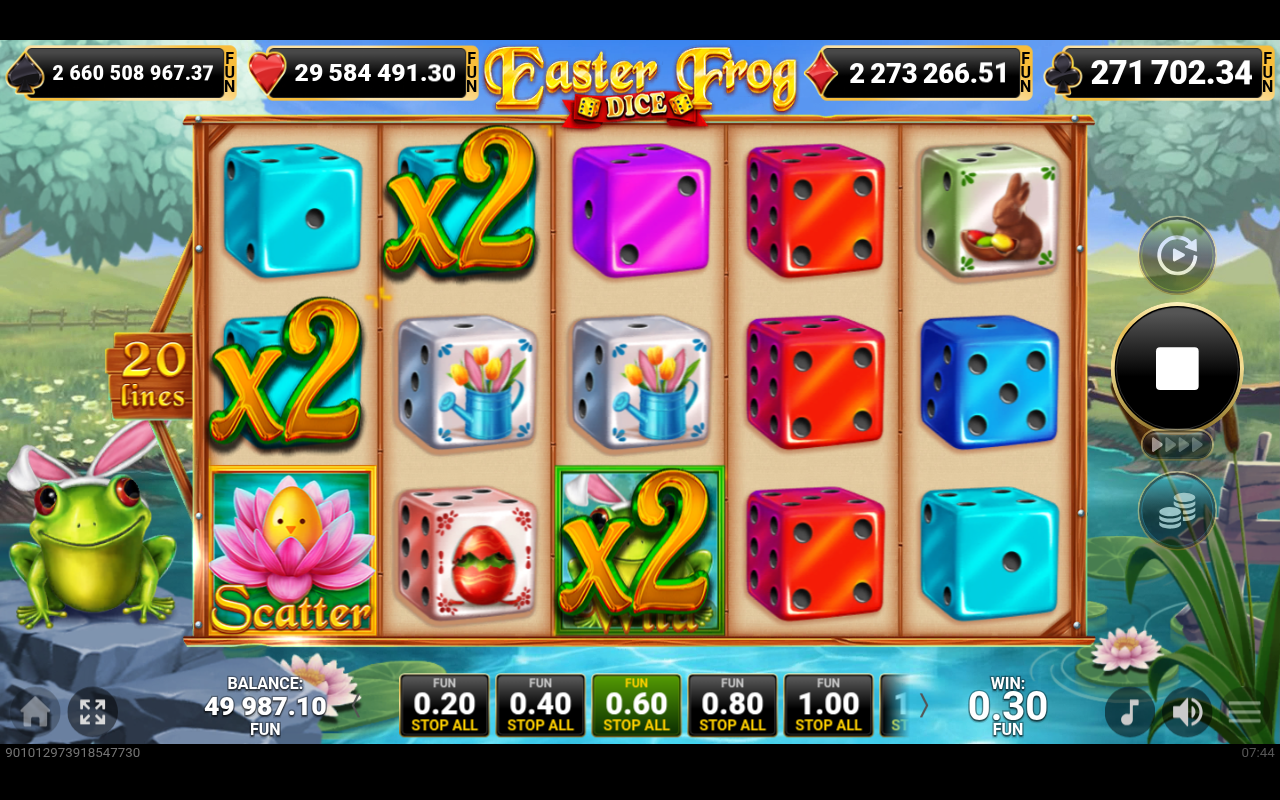 Easter Frog Dice gameplay with cascading wins