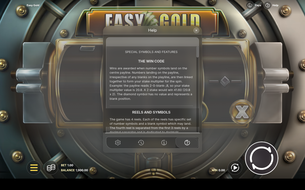 Easy Gold information screen