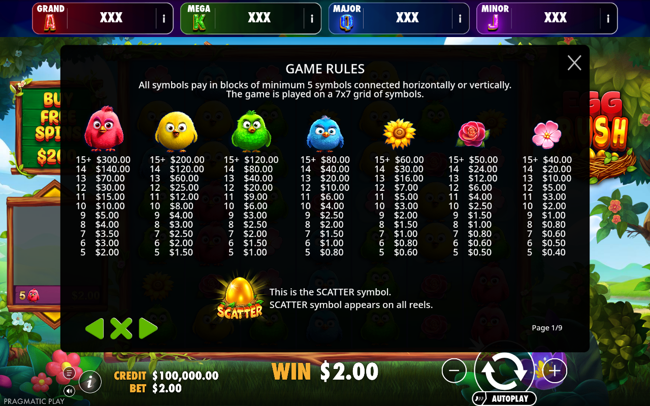 Egg Rush Jackpot Play information screen
