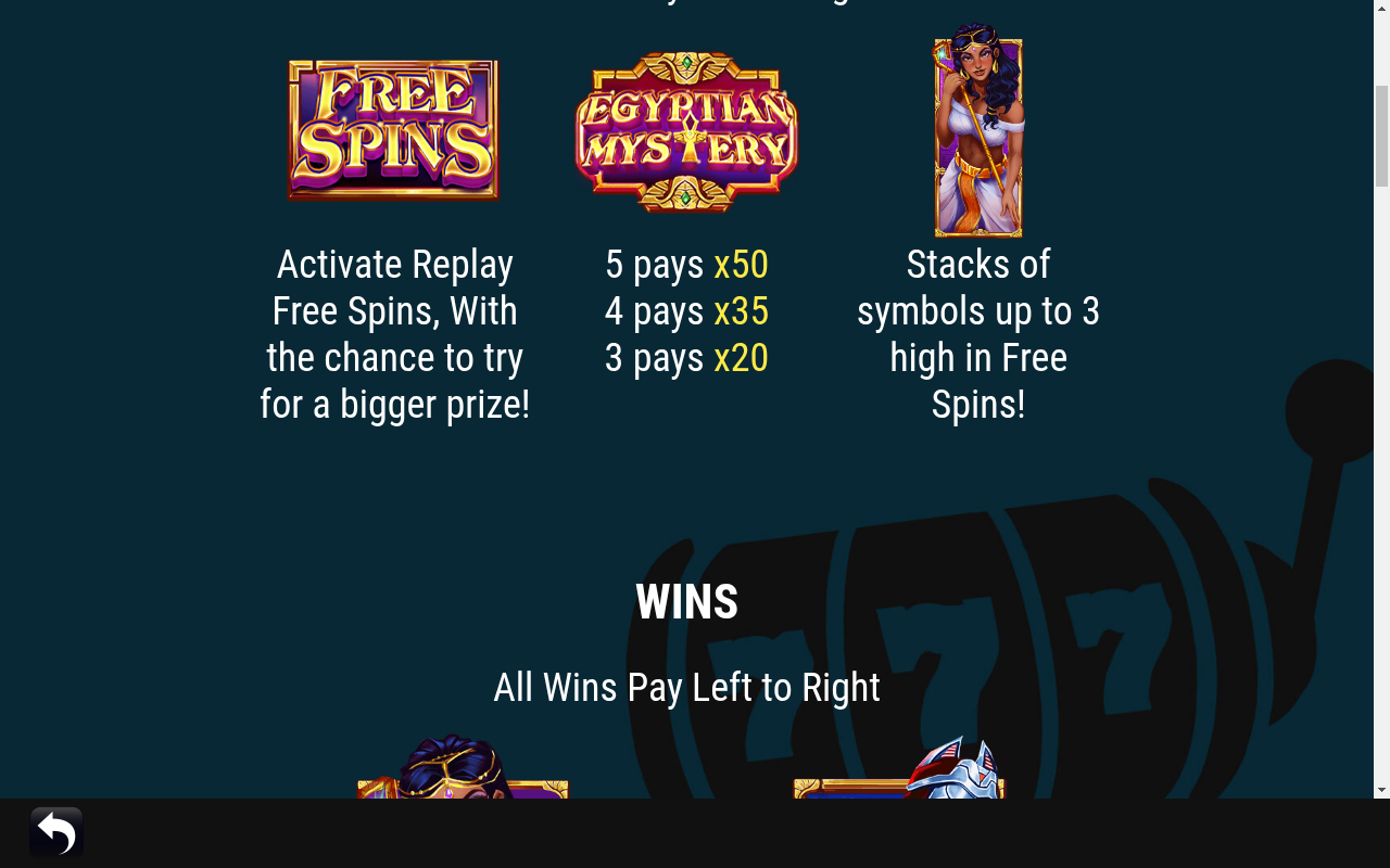 Egyptian Mystery free spins information screen