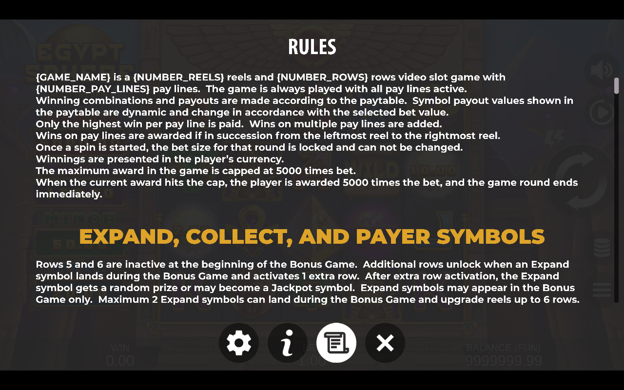 Egypt Sphere: Hold The Spin information screen