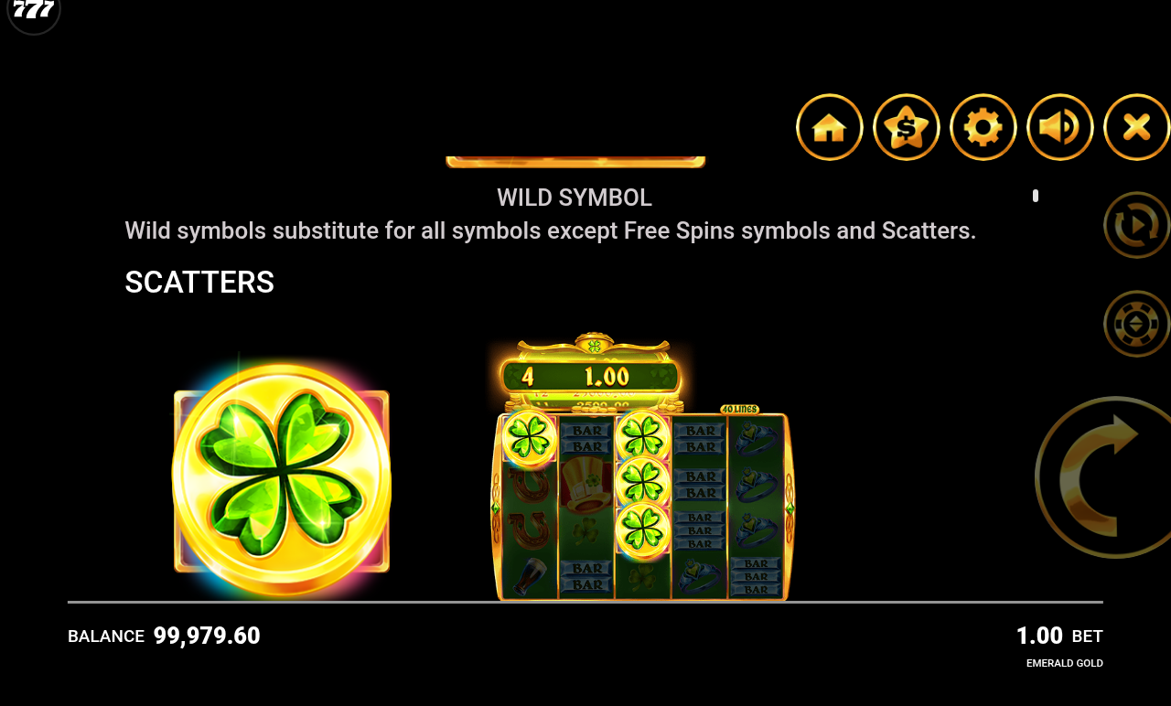 Emerald Gold wild and scatter symbols