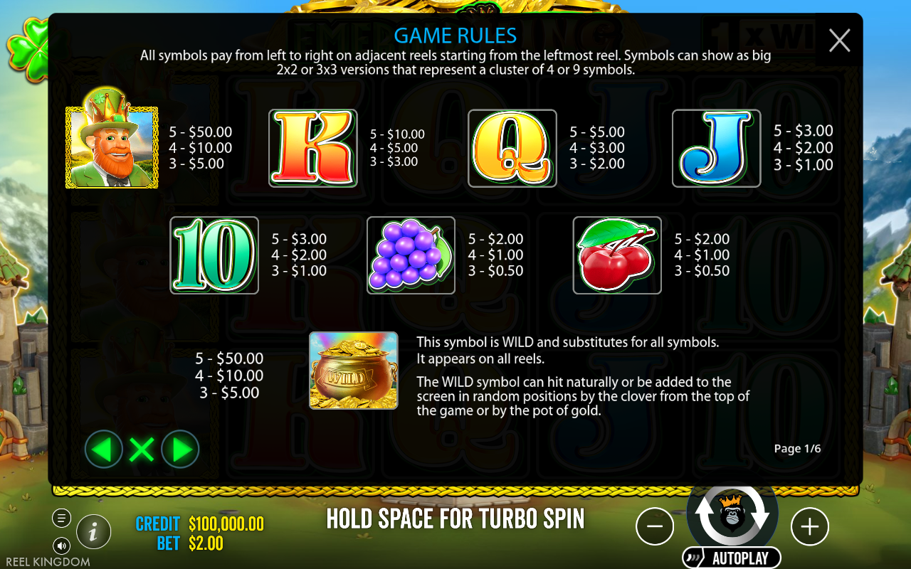 Emerald King information screen covering wild symbols and game rules
