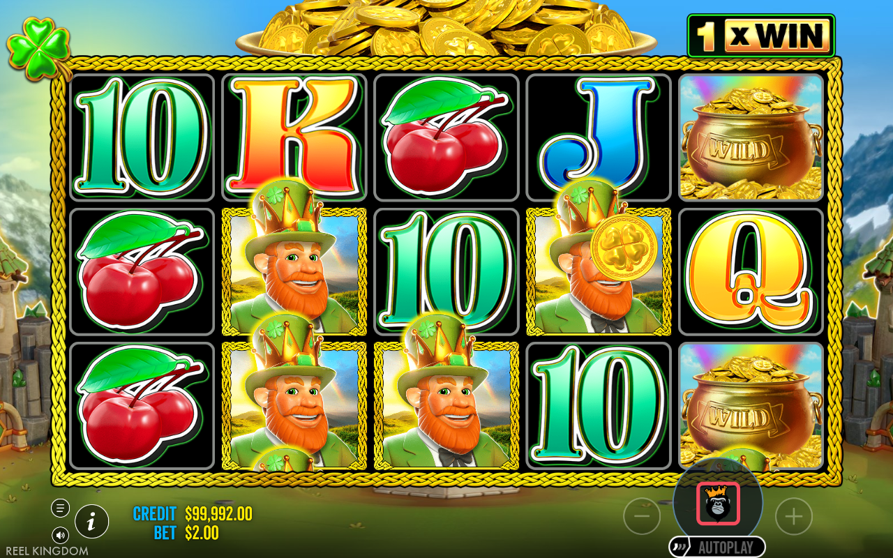 Emerald King gameplay showing pot of gold wilds and leprechaun symbols
