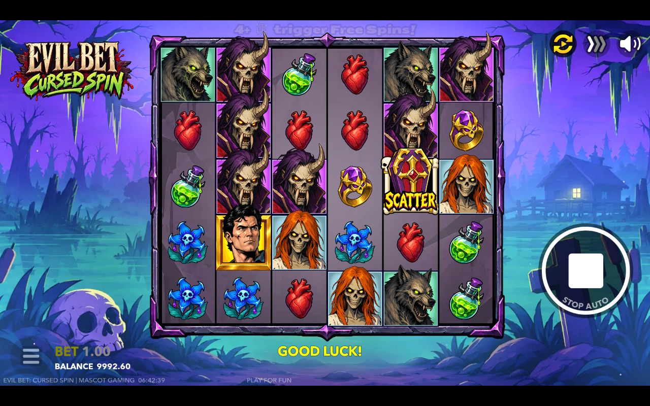 Evil Bet: Cursed Spin gameplay with scatter symbols