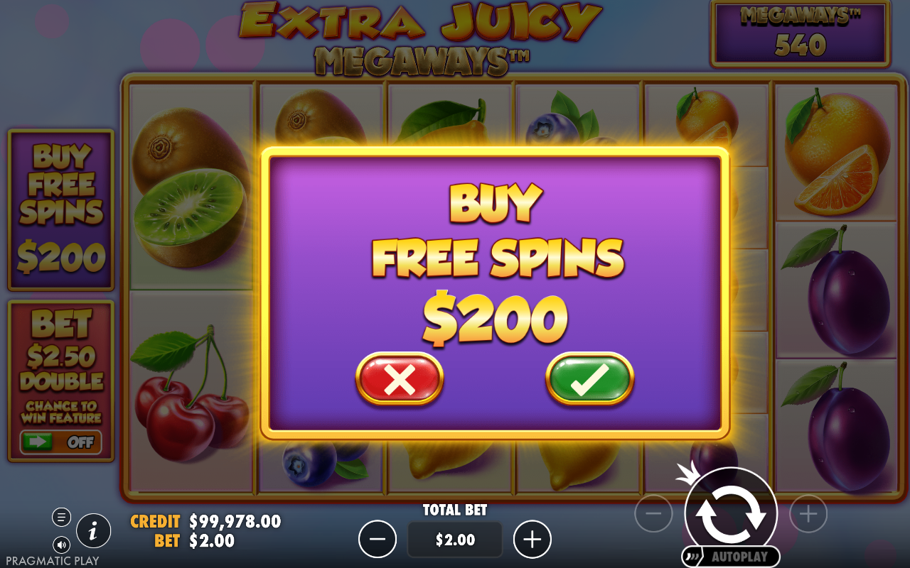 Extra Juicy Megaways bonus buy menu