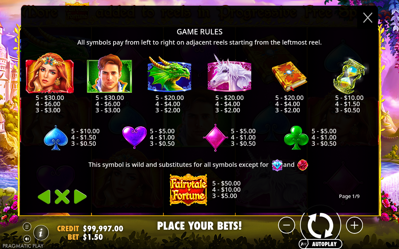 Fairytale Fortune information screen