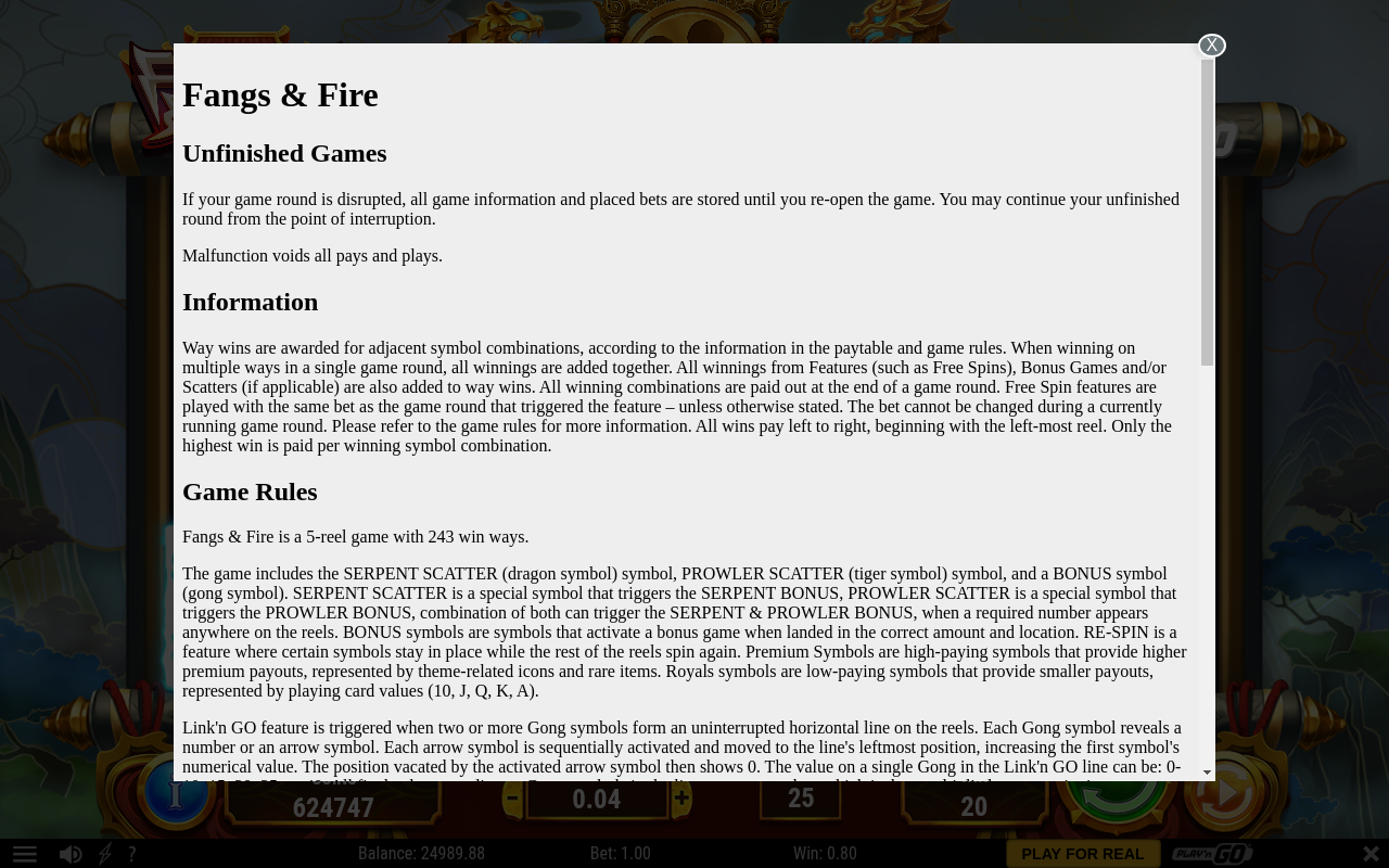 Fangs & Fire information screen showing the 243 win ways