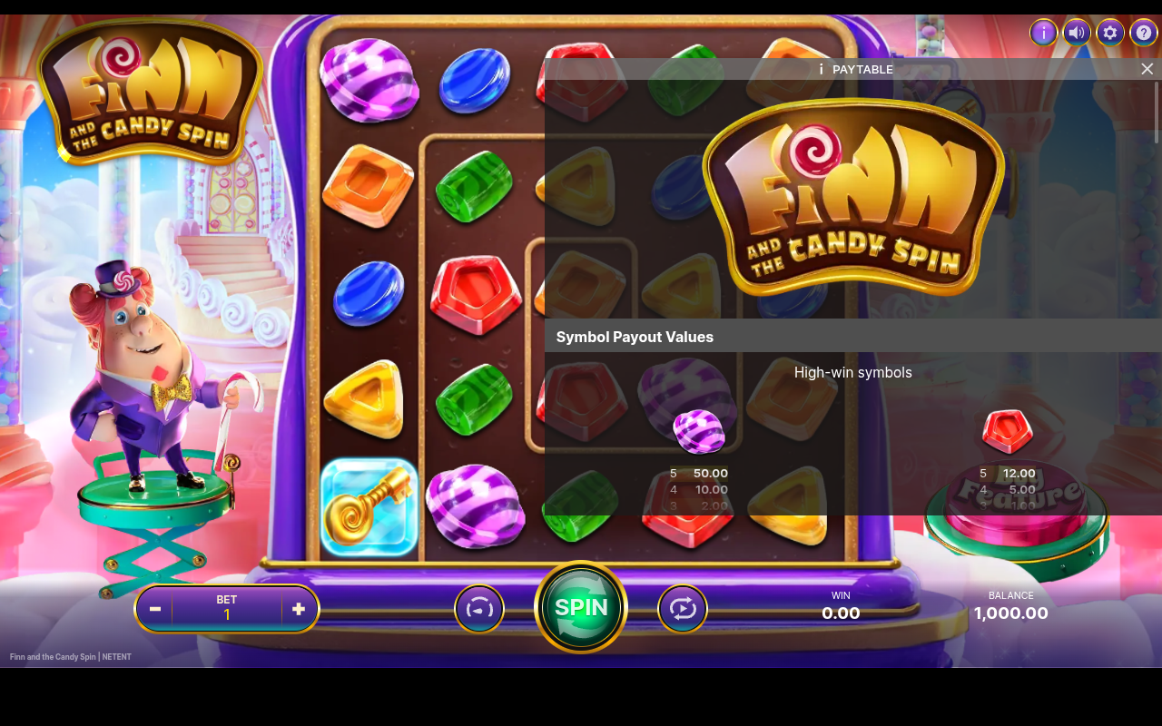 Finn and the Candy Spin information screen