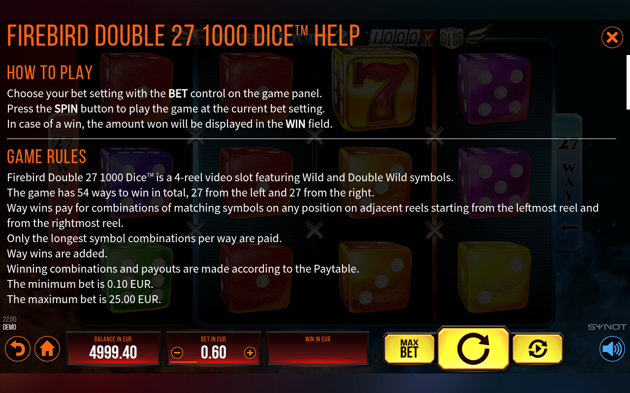 Firebird Double 27 1000 DIce information screen