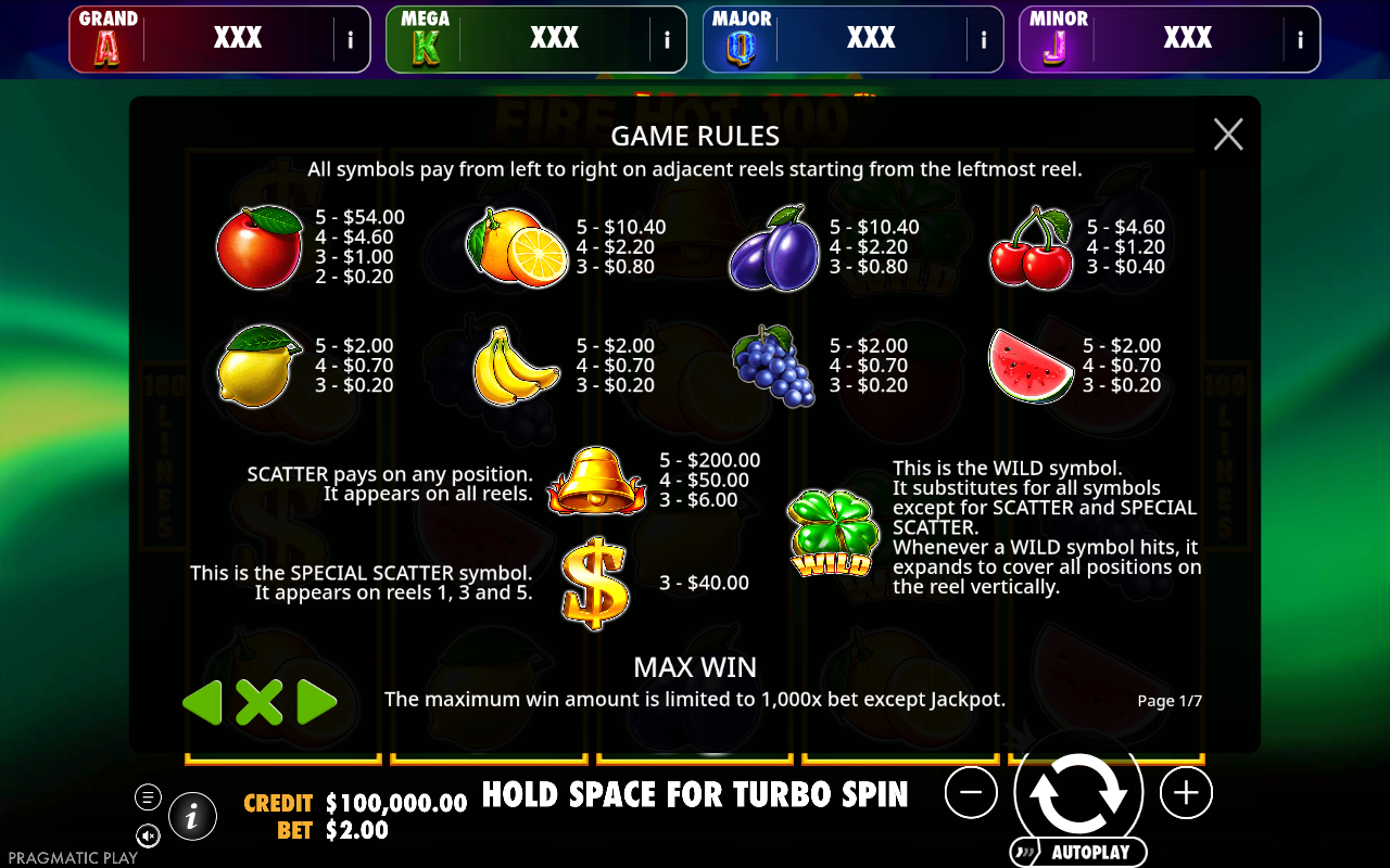Fire Hot 100 Jackpot Play information screen