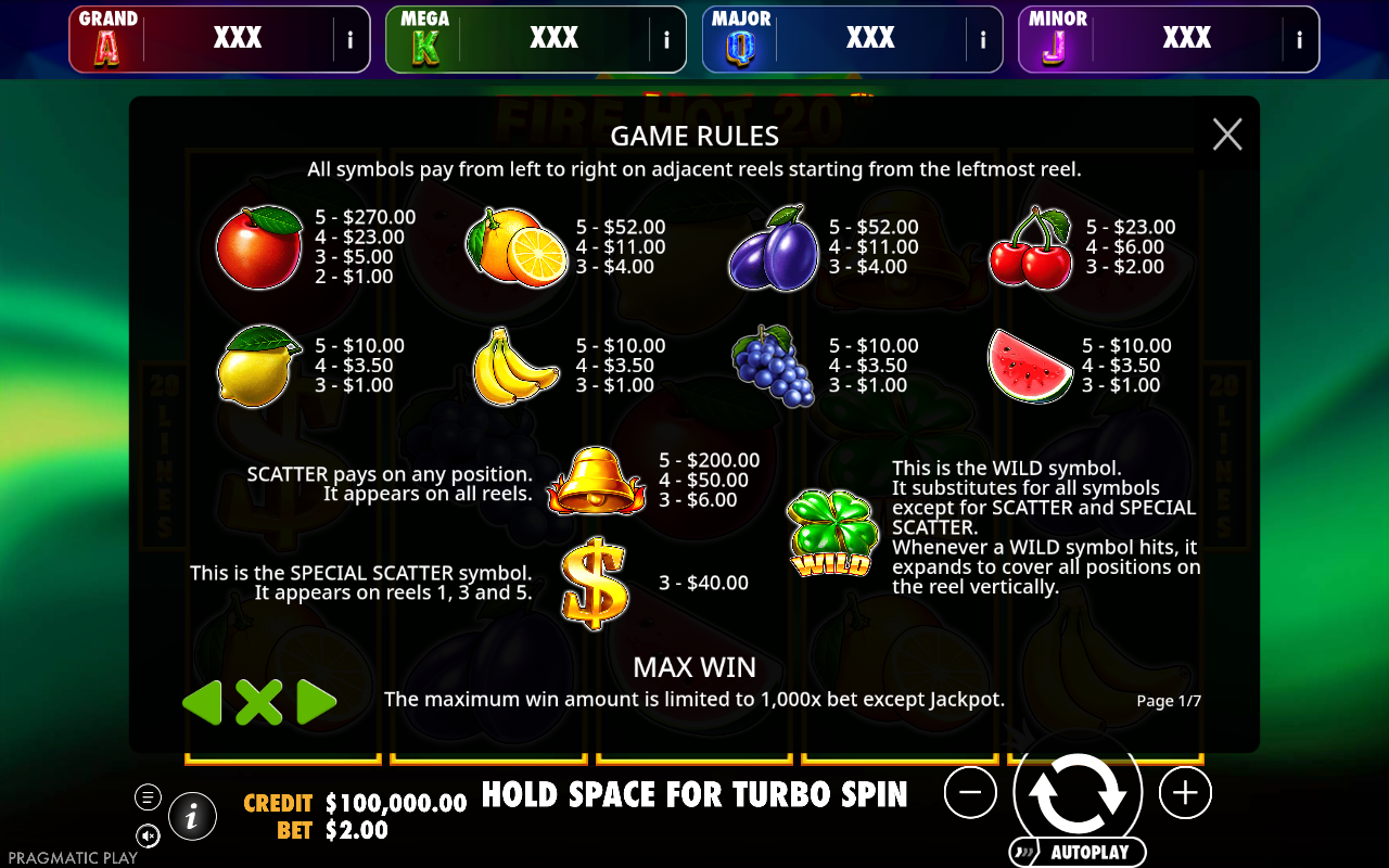 Fire Hot 20 Jackpot Play wild and scatter rules
