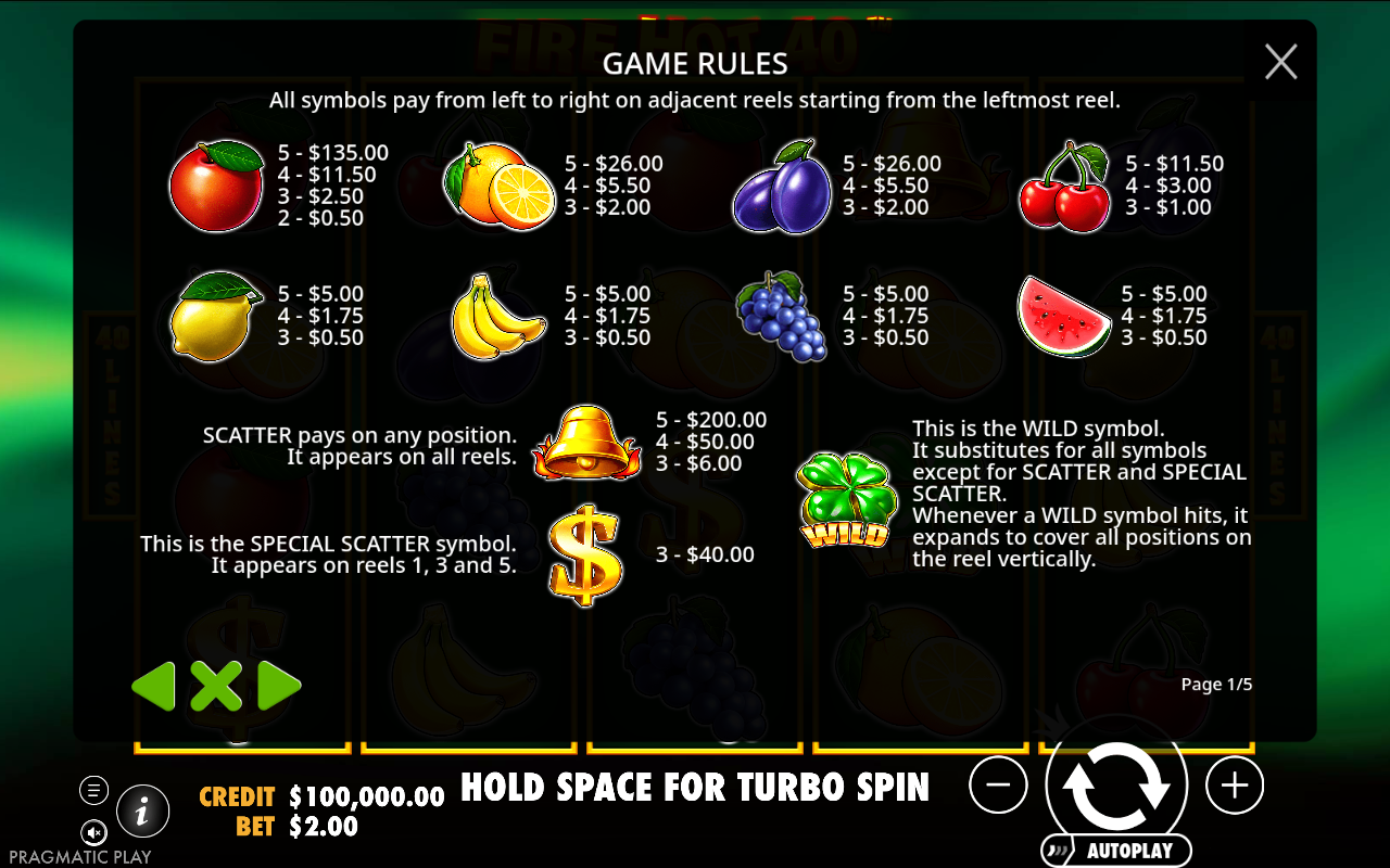 Fire Hot 40 information screen