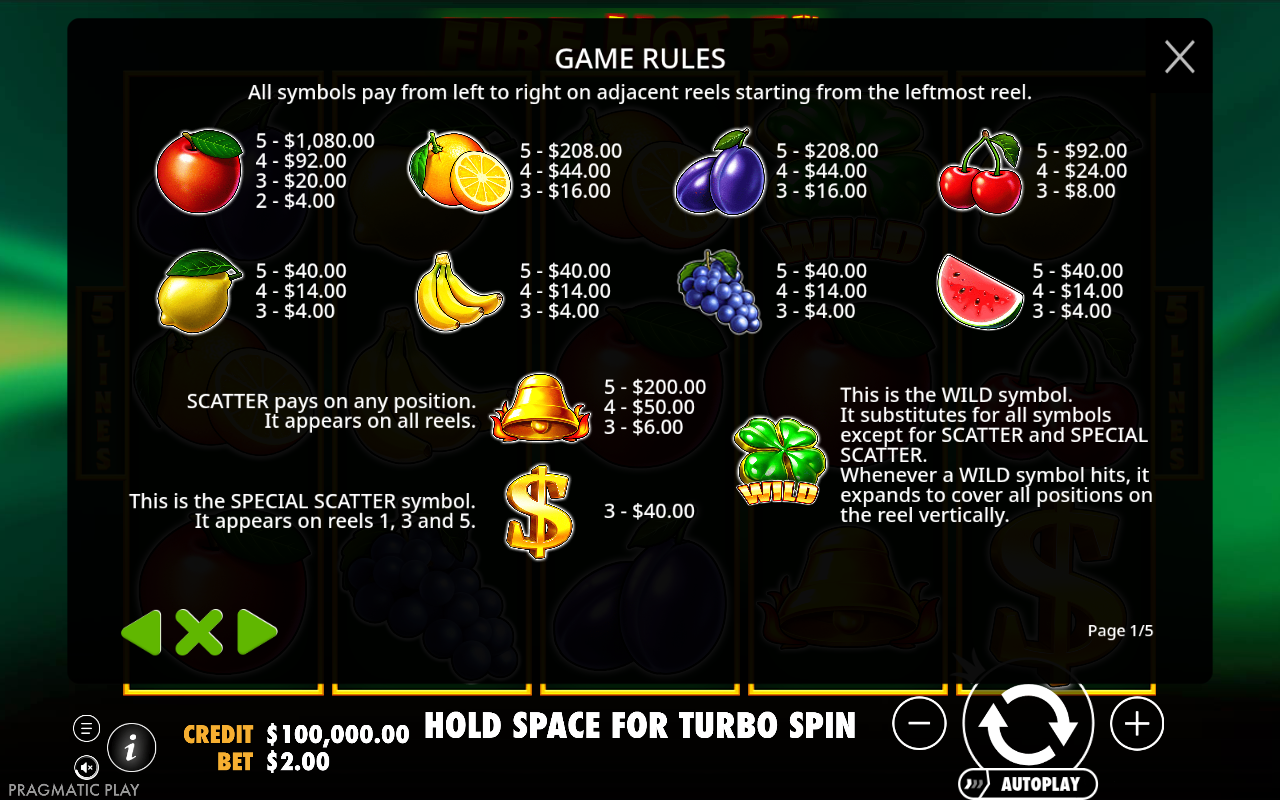 Fire Hot 5 information screen