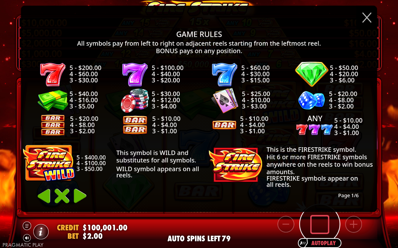 Fire Strike paylines and symbol rules screen