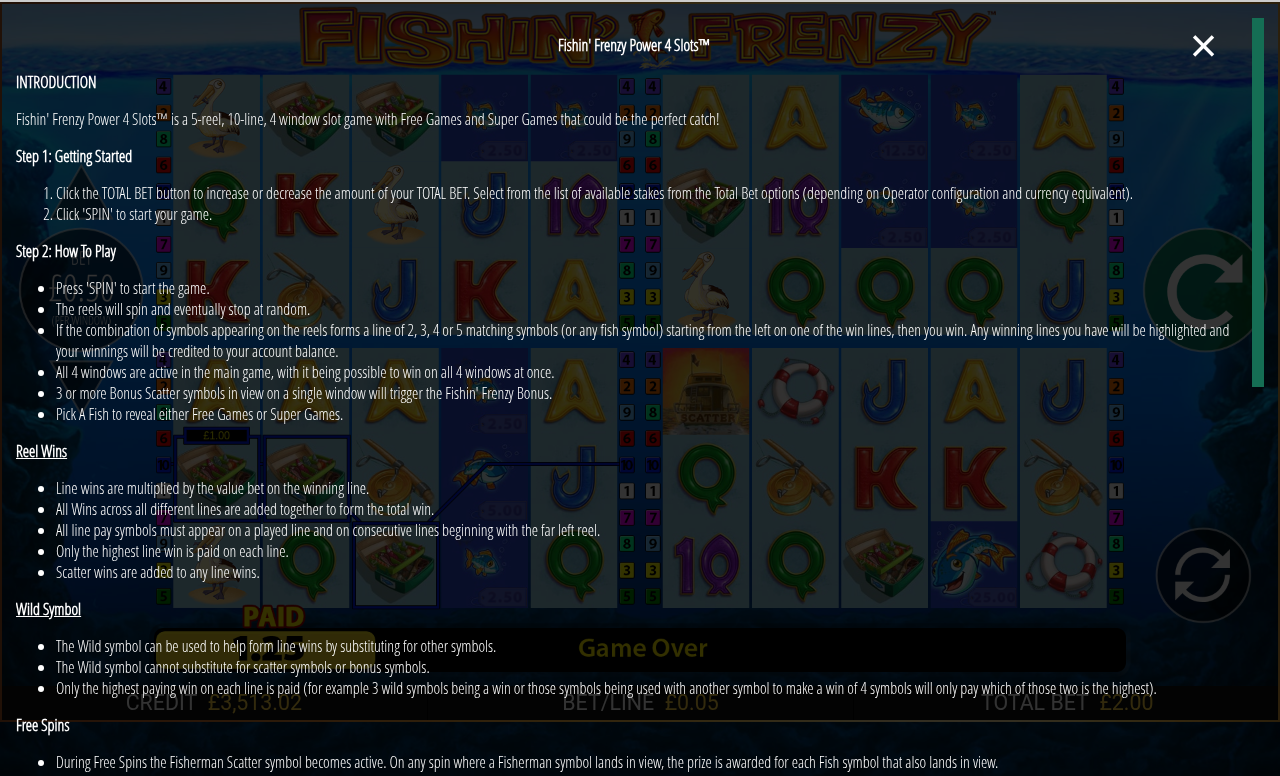 Fishin Frenzy Power 4 Slots information screen