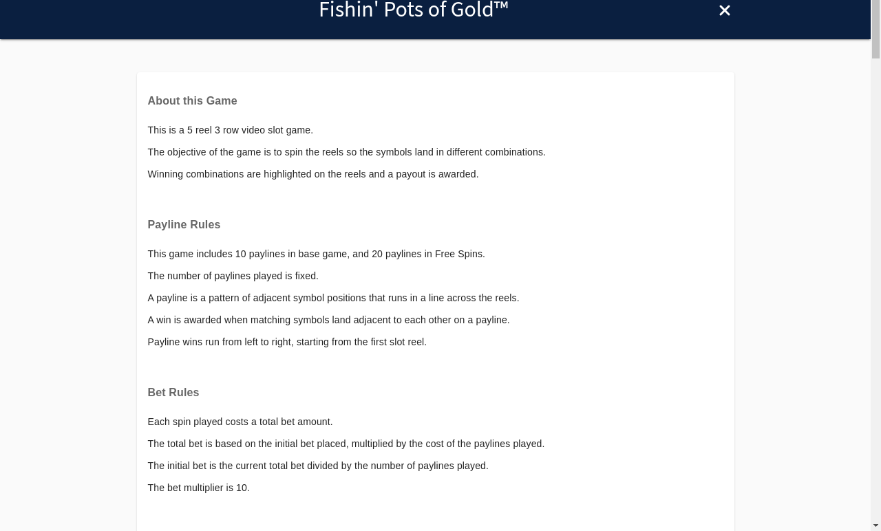 Fishin' Pots Of Gold information screen