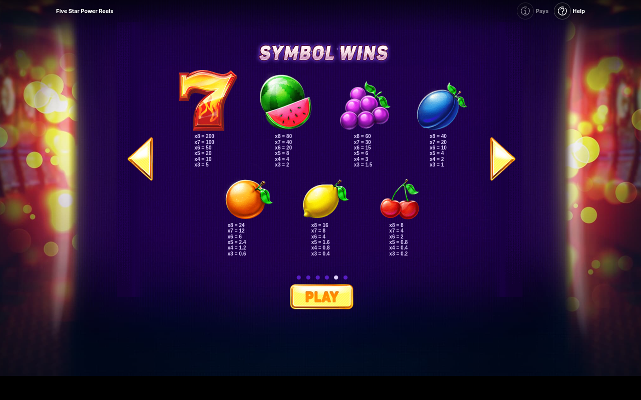 Five Star Power Reels win lines information screen