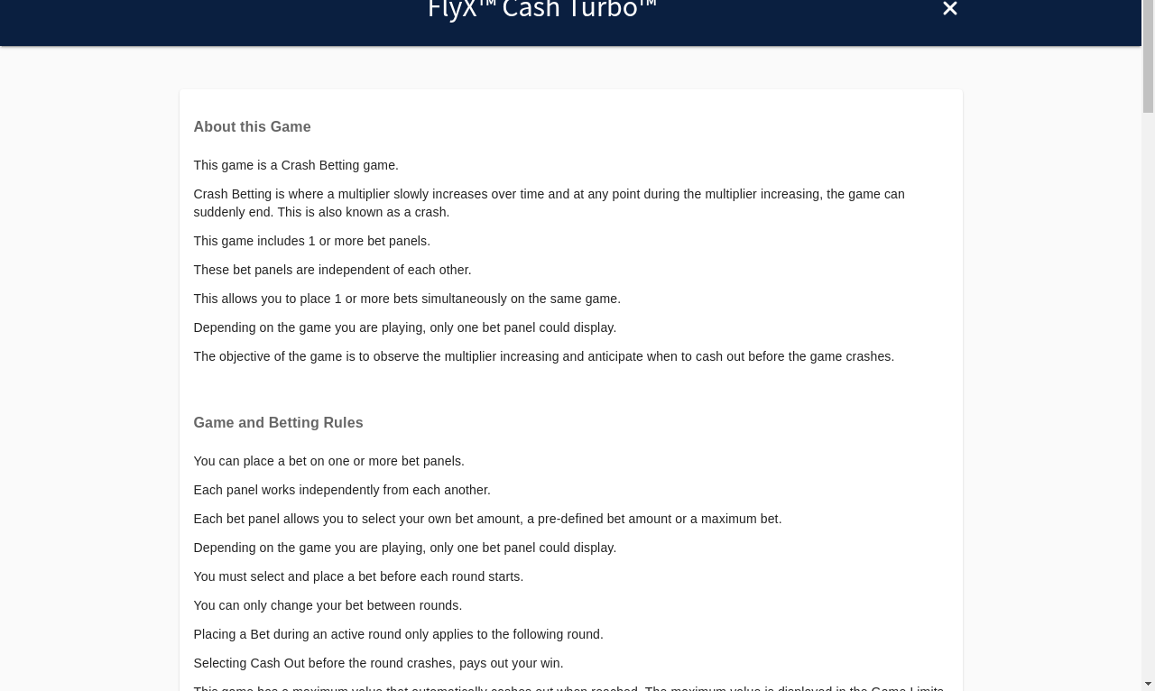 FlyX Cash Turbo information screen