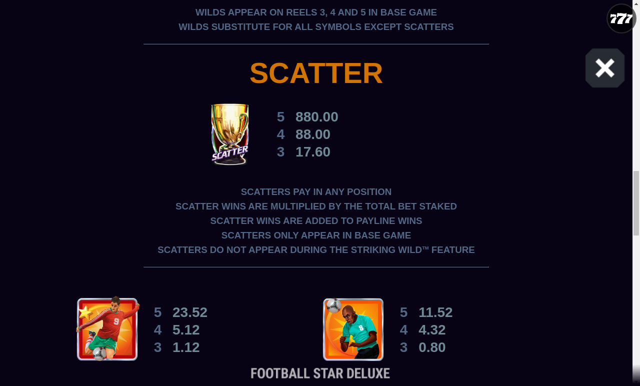 Football Star Deluxe information screen