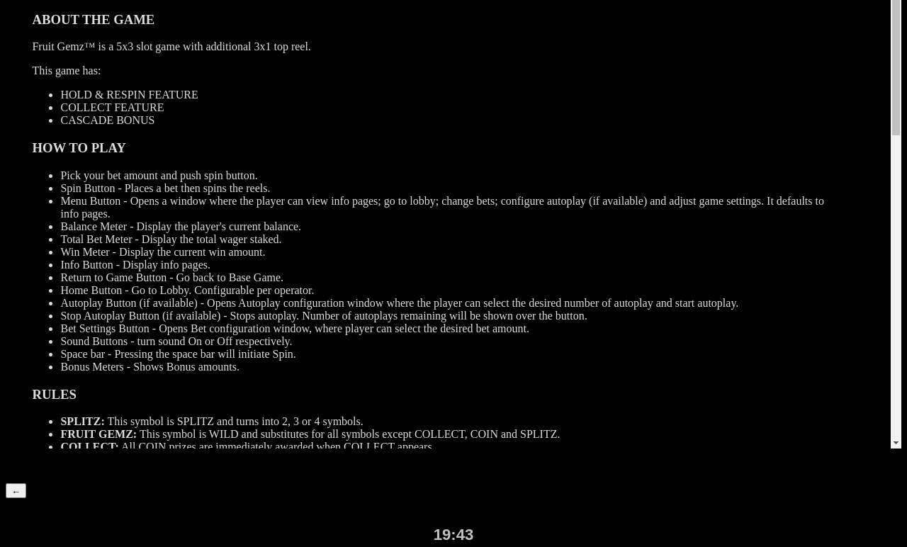 Fruit Gemz Splitz information screen