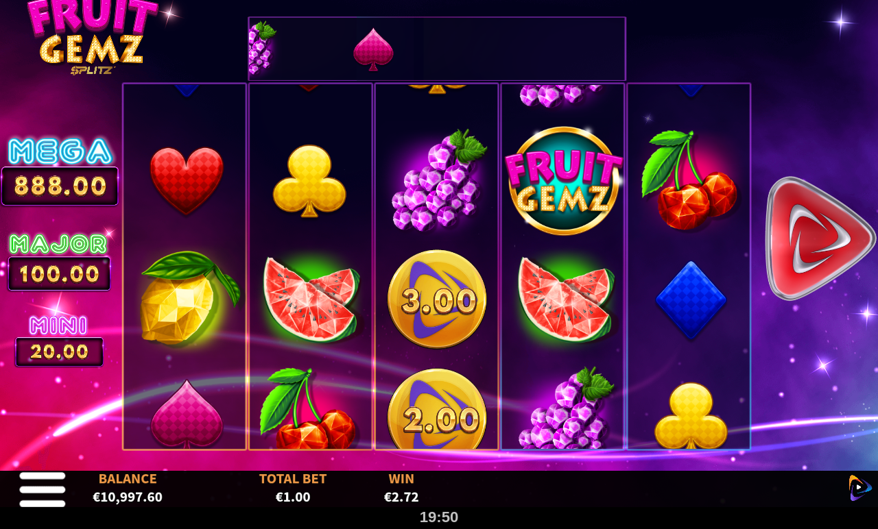 Fruit Gemz Splitz gameplay showing Coin values