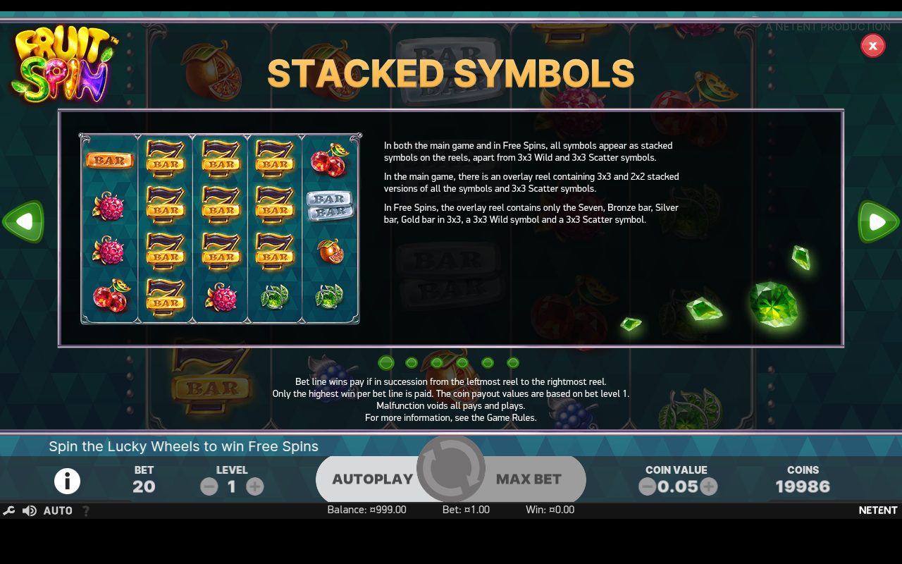 Fruit Spin information screen showing stacked symbols