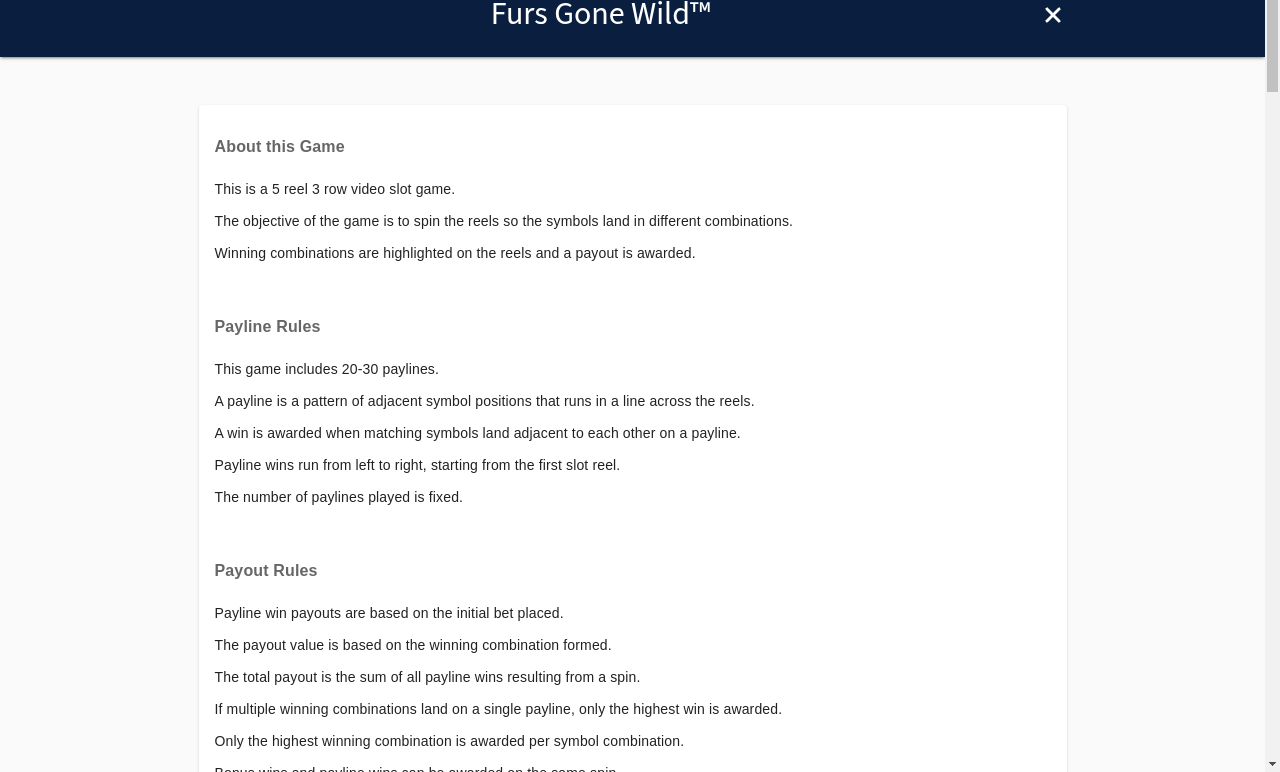 Furs Gone Wild information screen