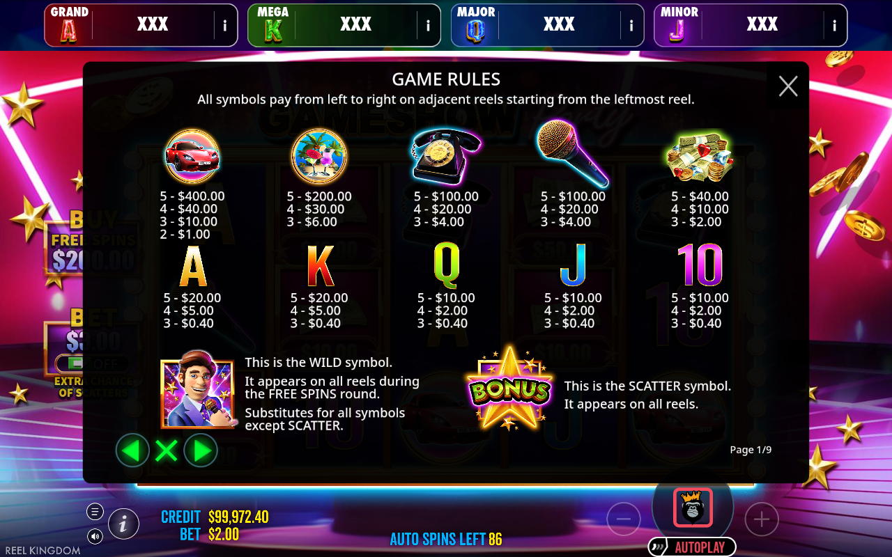 Gameshow Party Jackpot Play information screen showing wild and scatter rules