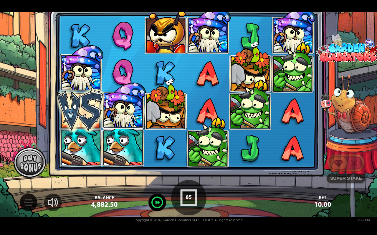 Garden Gladiators gameplay showing VS scatter symbols