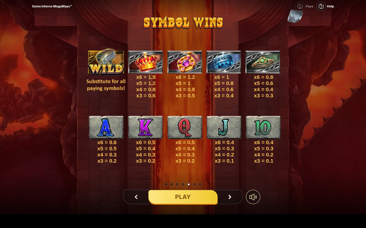 Gems Inferno Megaways information screen showing the wild symbol rules