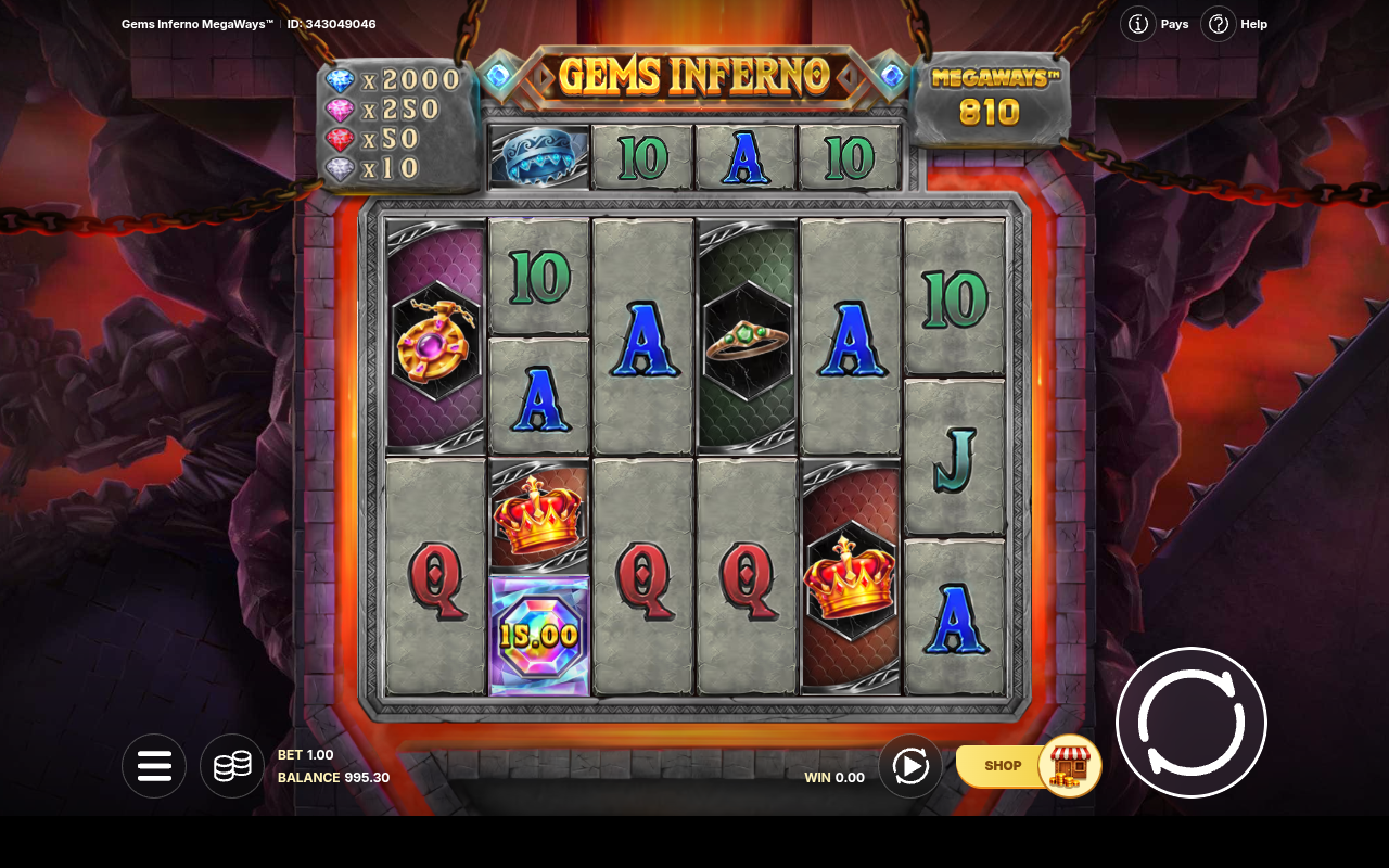 Gems Inferno Megaways gameplay showing gem scatter cash values on the reels