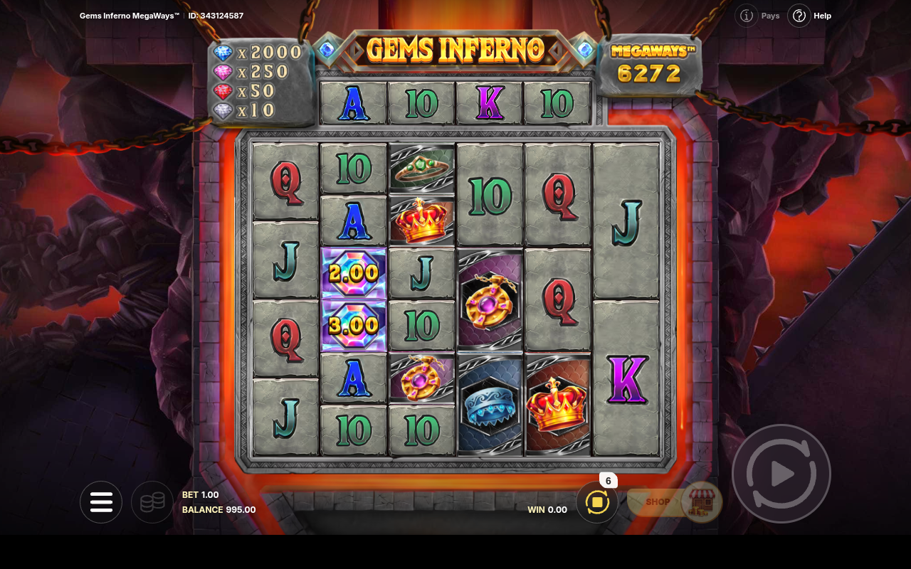 Gems Inferno Megaways gameplay during the GEMMED! bonus round with locked gems and respin counter
