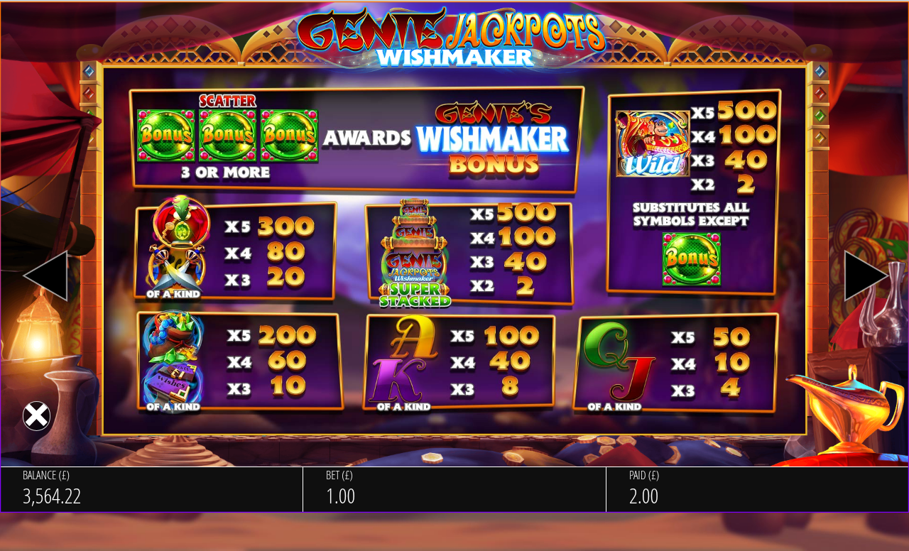 Genie Jackpots Wishmaker information screen