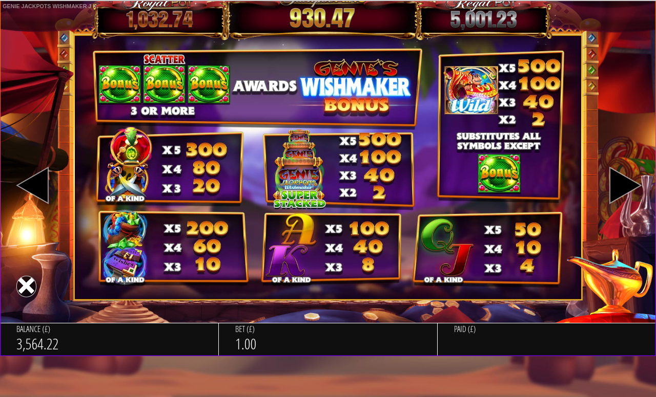 Genie Jackpots Wishmaker Jackpot King wild and scatter rules