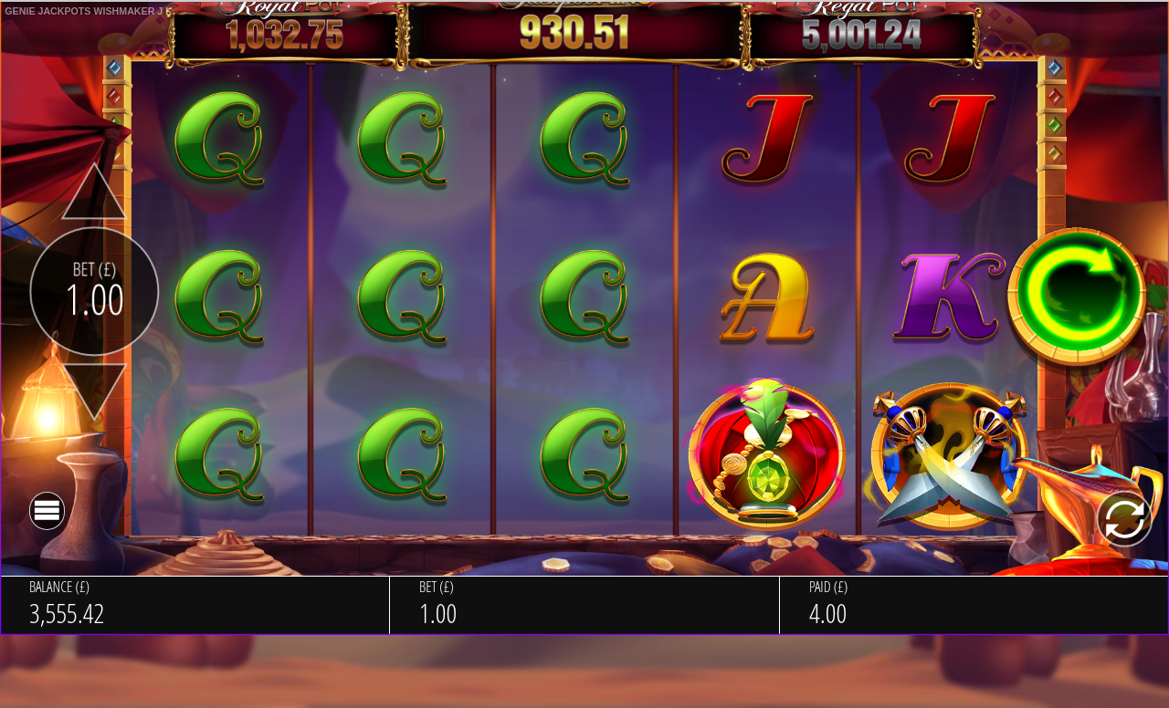 Genie Jackpots Wishmaker Jackpot King gameplay with wild symbols on the reels