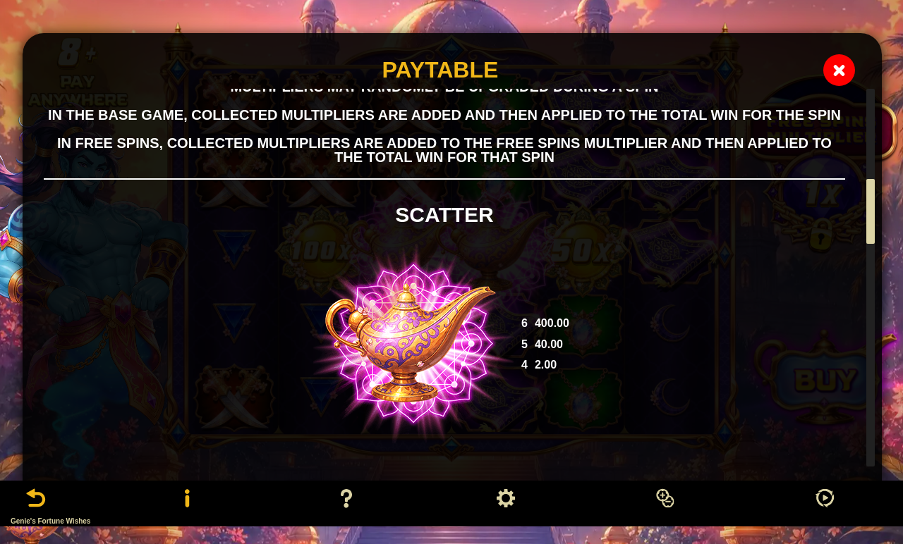 Genie's Fortune Wishes scatter symbols information screen