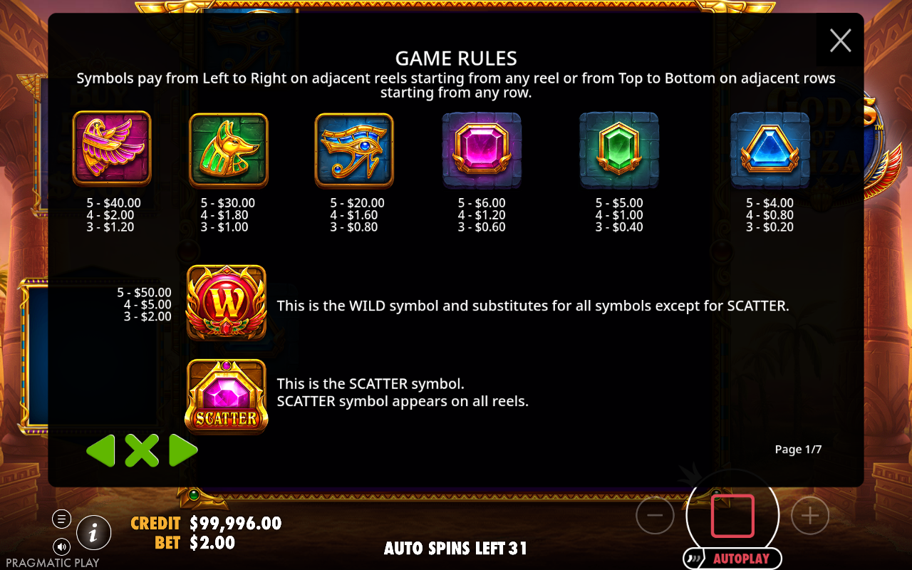 Gods of Giza information screen