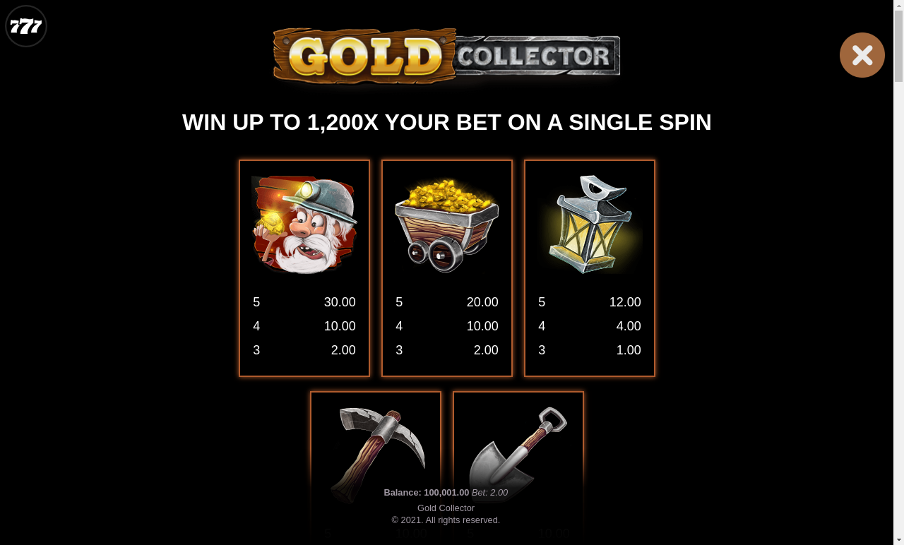Gold Collector information screen