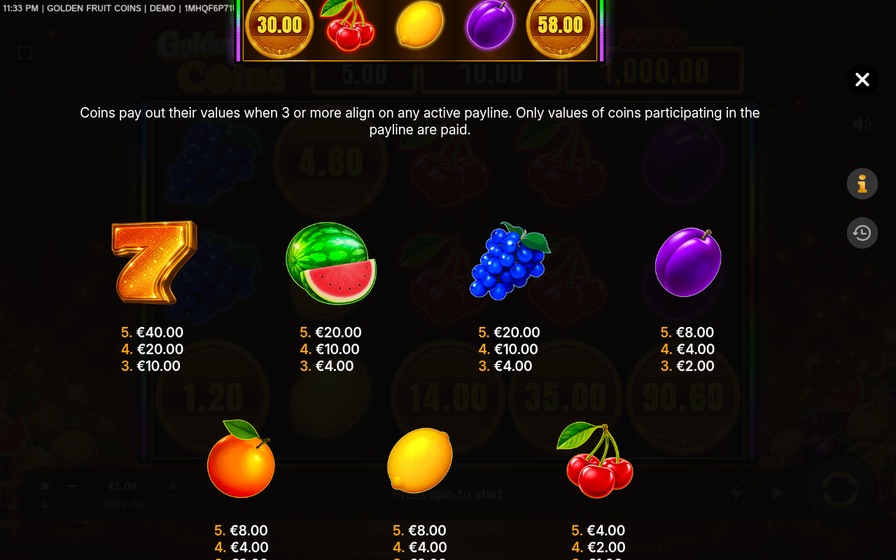 Golden Fruit Coins information screen
