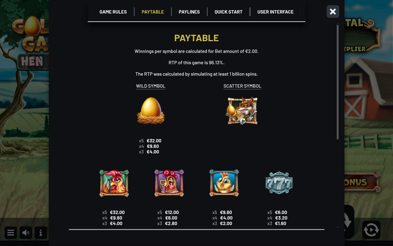 Golden Gal's Hen Hunt paytable screen