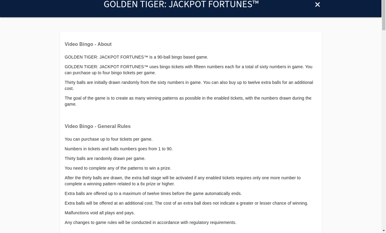 Golden Tiger: Jackpot Fortunes game rules screen