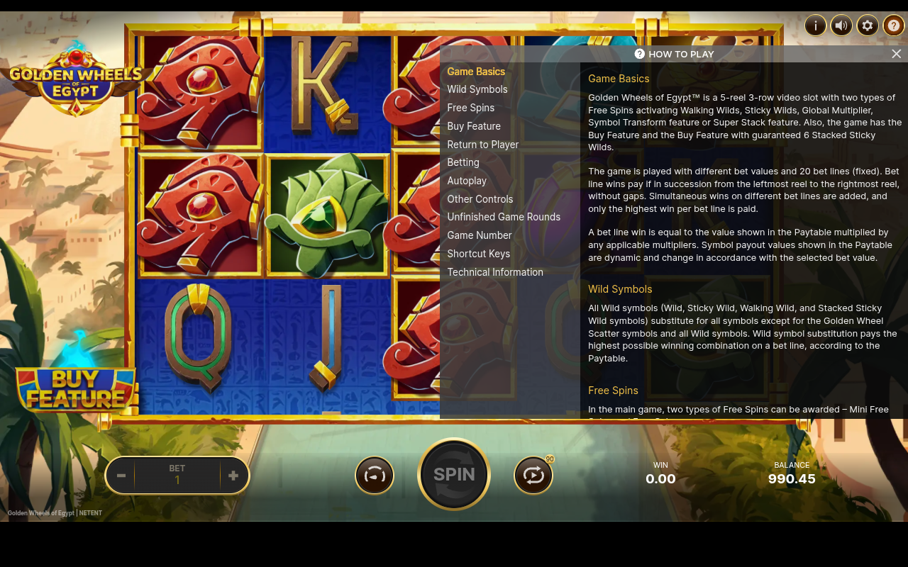 Golden Wheels of Egypt information screen